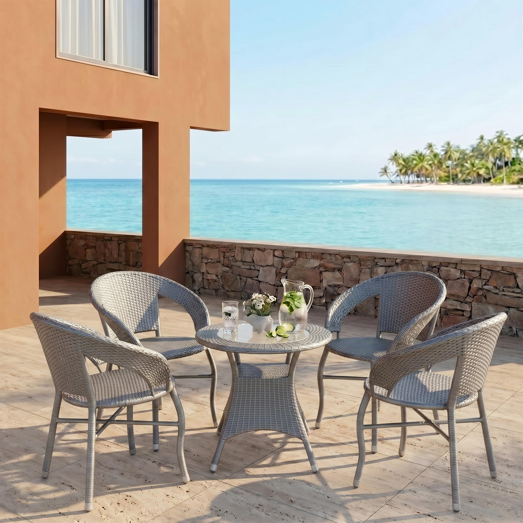 OUTLIVING 5-Piece Outdoor Rattan Wicker Patio Coffee Table Set | Garden Furniture for Balcony, Terrace, Poolside & Porch | Waterproof Bistro Sets for Home & Backyard (Grey)