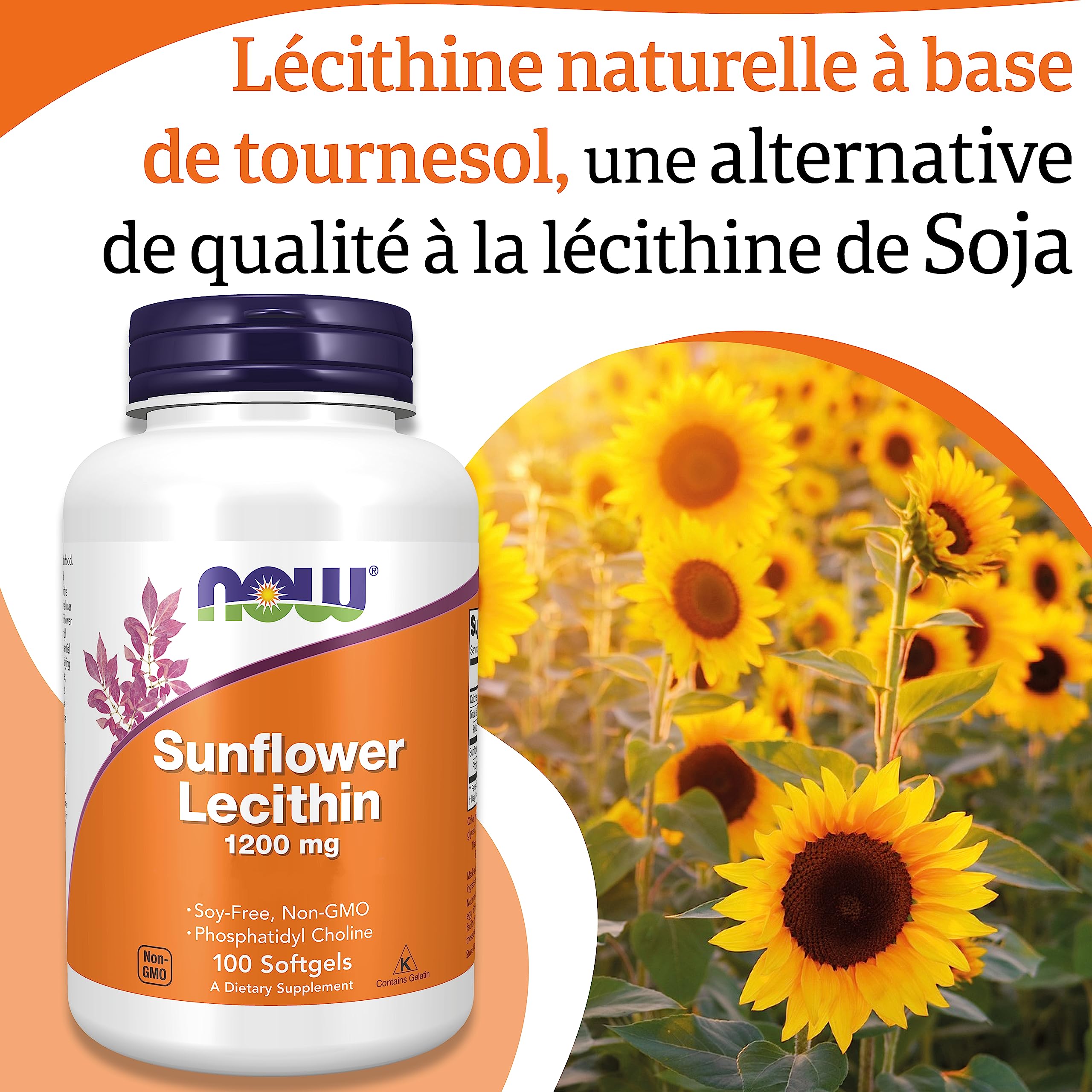 Now Foods, Sunflower Lecithin (Lécithine de Tournesol), 1.200mg, Hautement Dosée, 100 Capsules molles, Testée en Laboratoire, Sans Soja, Sans Gluten, Sans OGM
