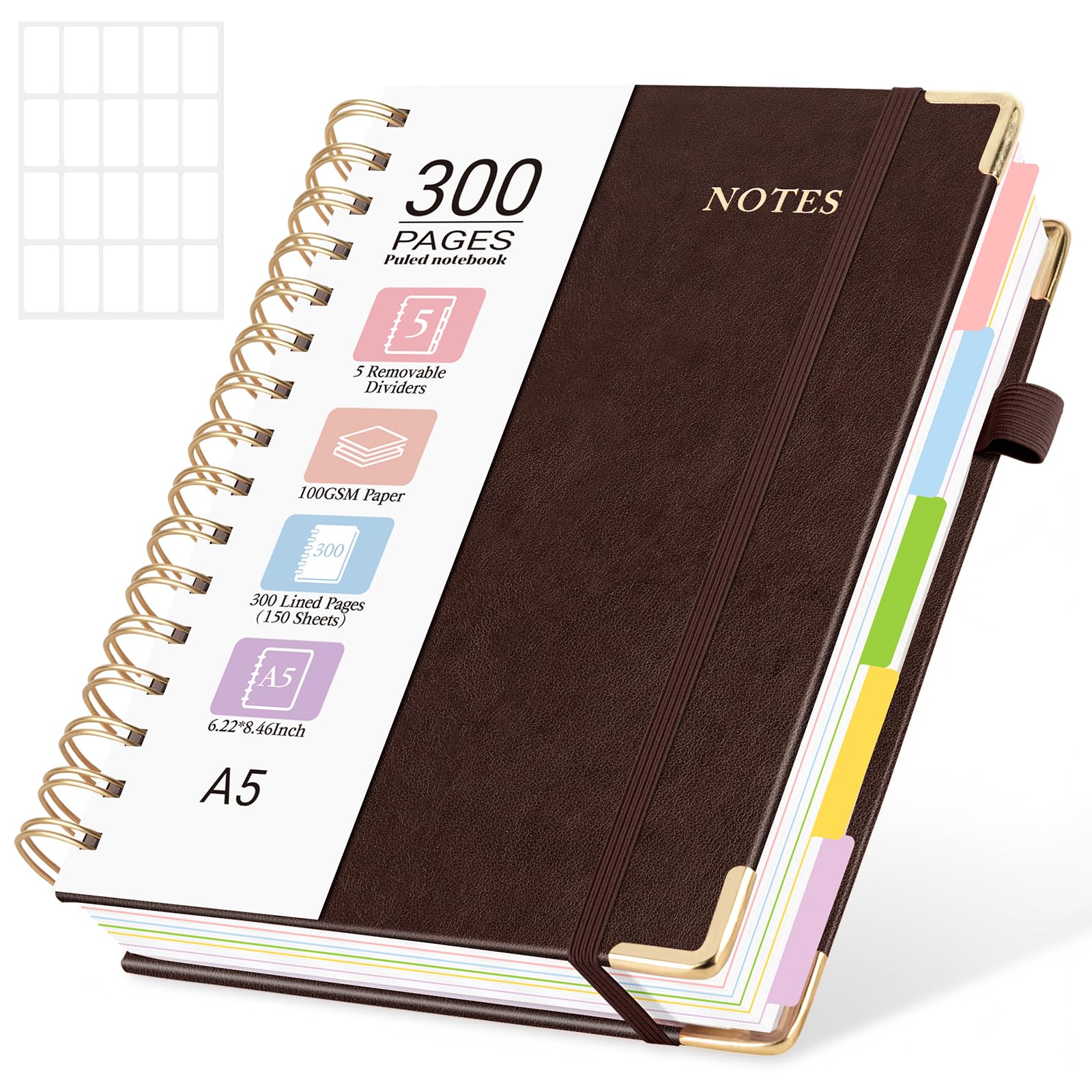 MOFELON A5 Notebook with Dividers, Notepad A5, 300 Pages Spiral Lined Notebooks,PU Leather HardCover Journals for Women,Note Book Pad for Office Work School, 21.5 x 15.8cm - Brown — image 1