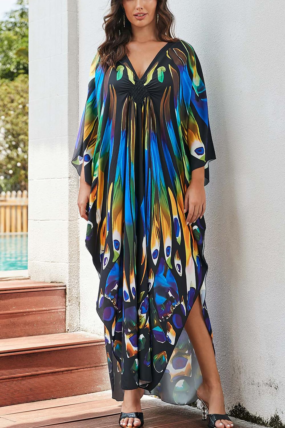 Vêtements de Détente à Imprimé Ethnique pour Femmes Chemise de Nuit Robe de Plage Kimono Kaftan Surdimensionné Cover Ups