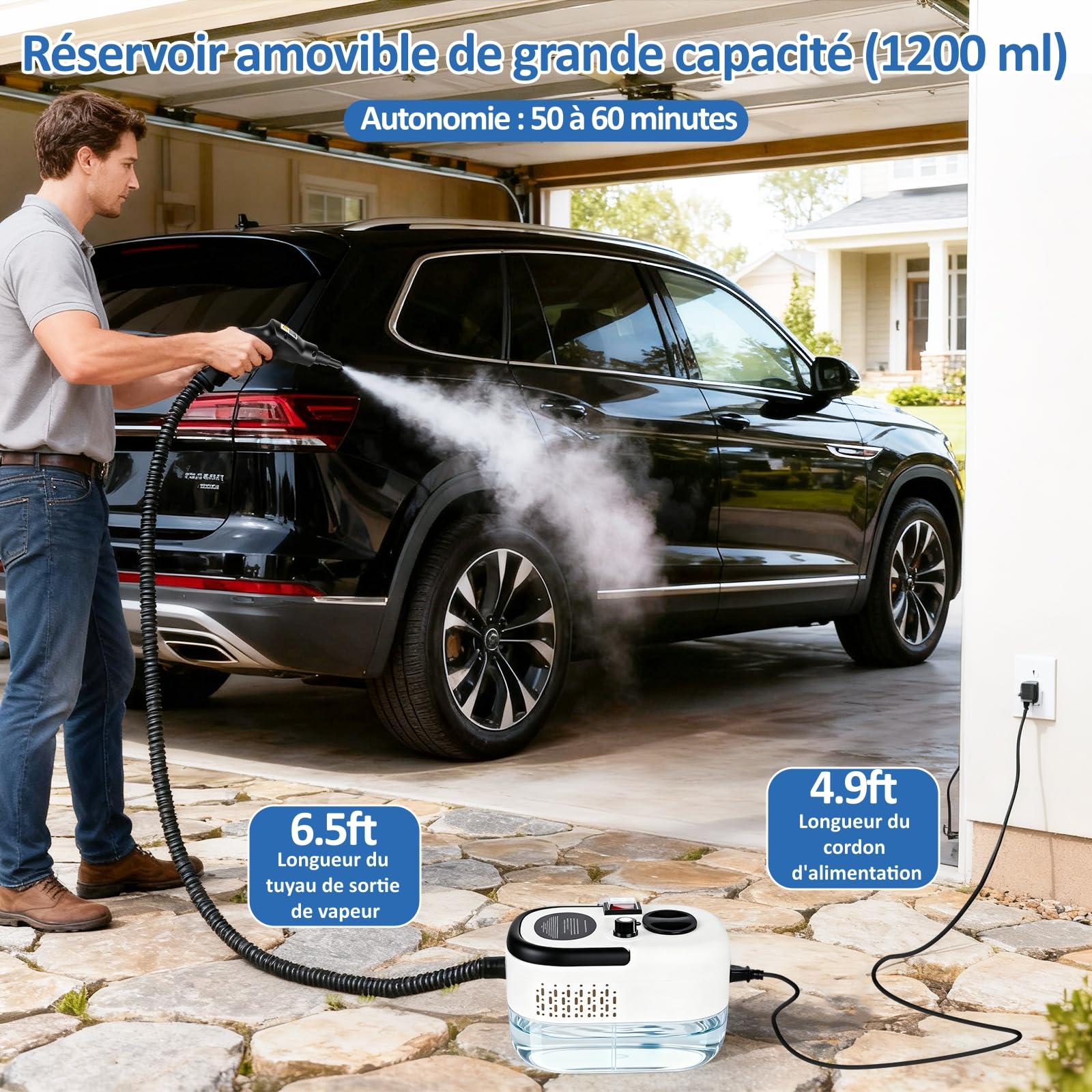 Nettoyeur Vapeur Portable 2500W - 3.5 Bar Pression - 6 Niveaux Réglables - 15s Chauffage Rapide - Réservoir 1200ml - Idéal Voiture, Climatisation, Salle de Bain & Cuisine