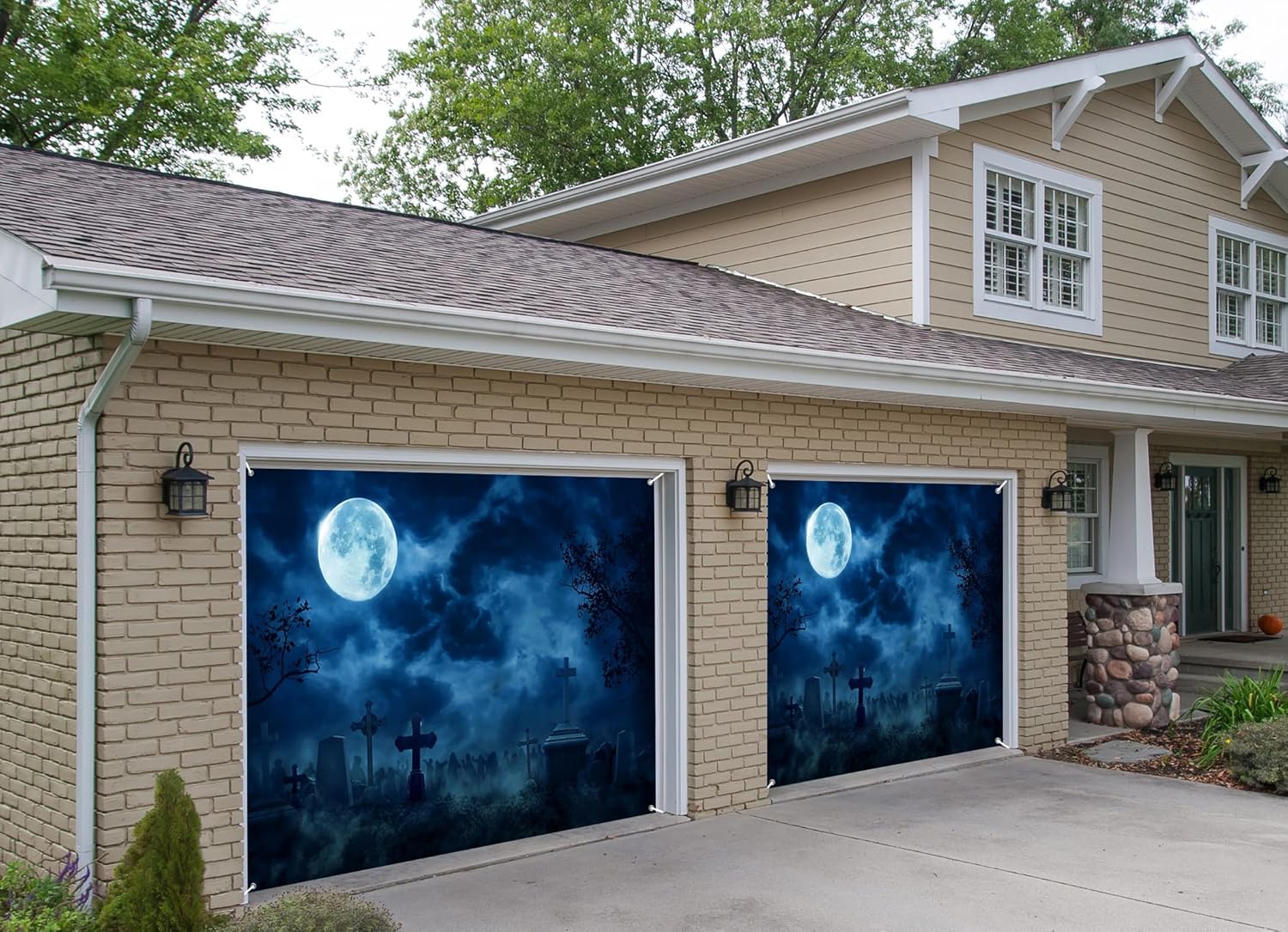 7x8ft Halloween Haunted Cemetery Garage Door Decor Full Moon Tombstones Ghostly Figures Motif Garage Door Cover for Indoor Outdoor Celebration Festive Background Decor