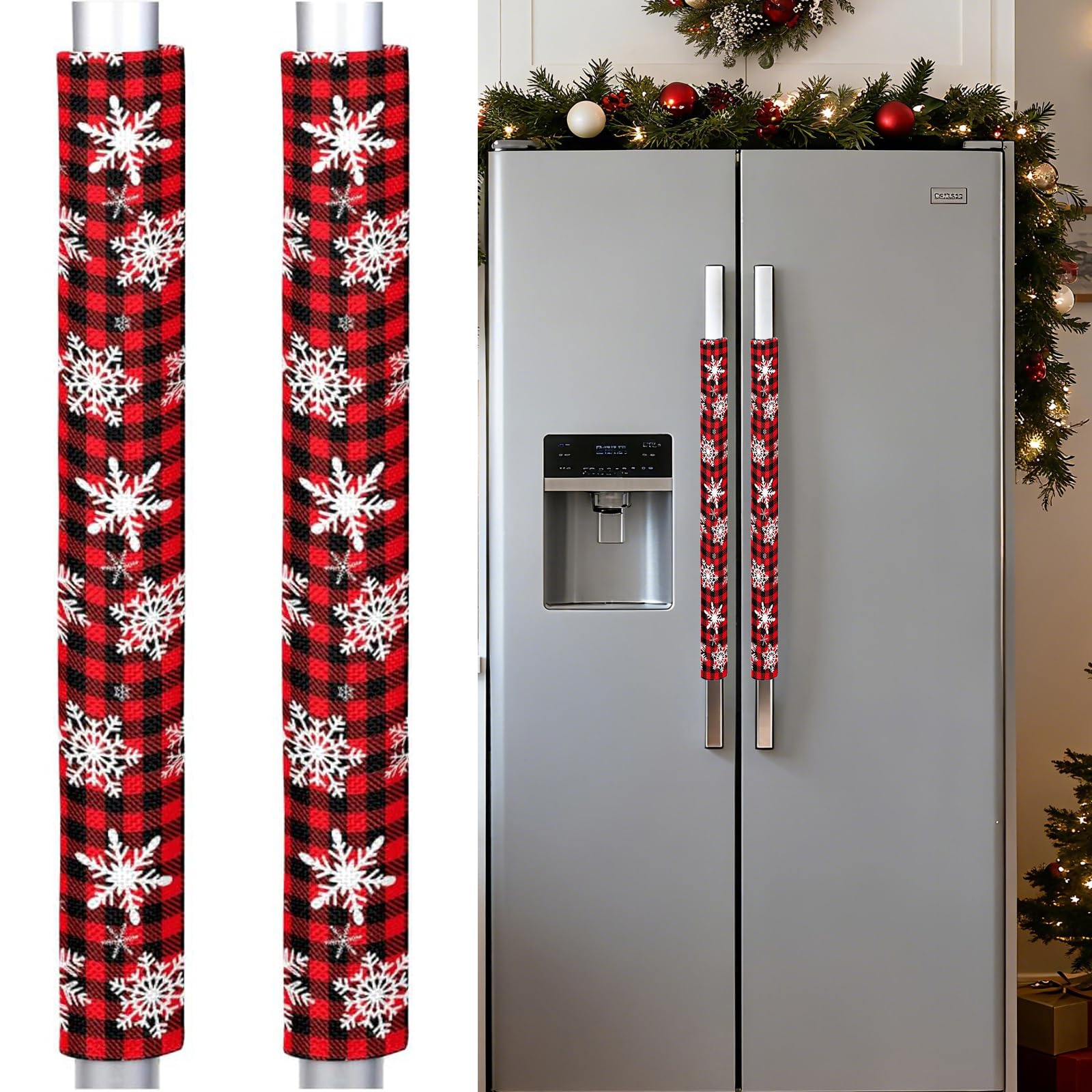 Christmas Refrigerator Door Handle Covers Set of 2, Buffalo Plaid Snowflake Fridge Handle Cover Washable Fridge Dishwasher Oven Door Decor Protector Handle Cover, Keep Your Kitchen Appliance Clean