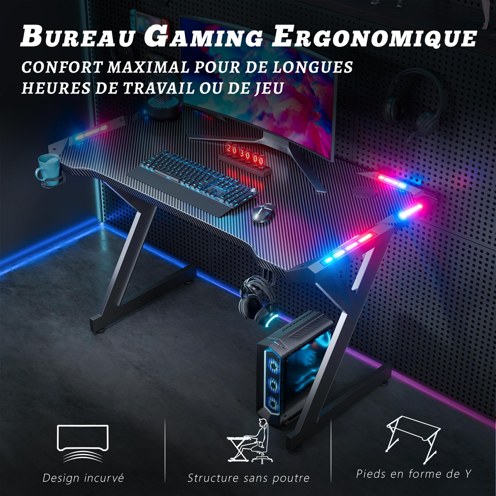 HLFURNIEU Bureau Gaming LED, 100 x 60 cm, Surface en Fibre de Carbone, Noir