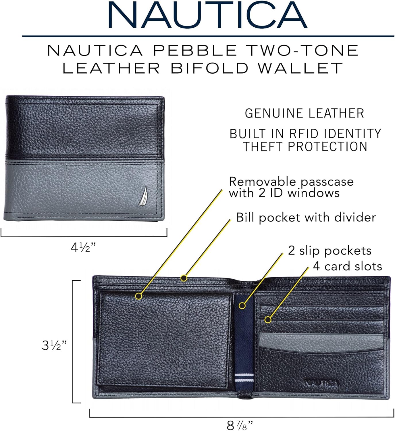 Nautica Men's Bifold Leather Wallet | RFID Blocking | ID Window | Card Slots | Organization | Durable | Stylish - Image 5