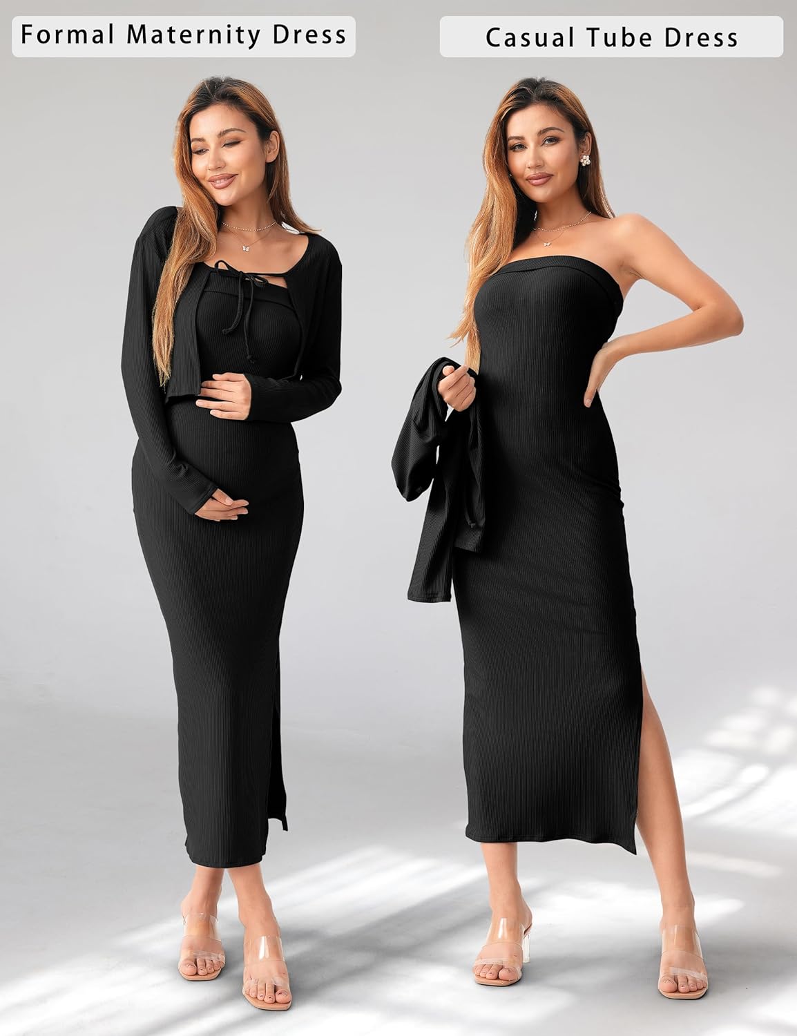SUNNYBUY Baby Shower Maternity Tube Dress Short Cardigan Bodycon Ribbed Maxi Dress Casual 2 Piece Pregnancy Outfit Set - Image 3