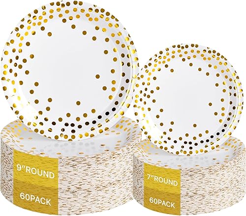 Lullaby 120 platos de papel blanco, platos de papel dorados desechables, 60 platos llanos de 9 pulgadas, 60 platos de postre de 7 pulgadas, platos disponible en Yaxa Colombia