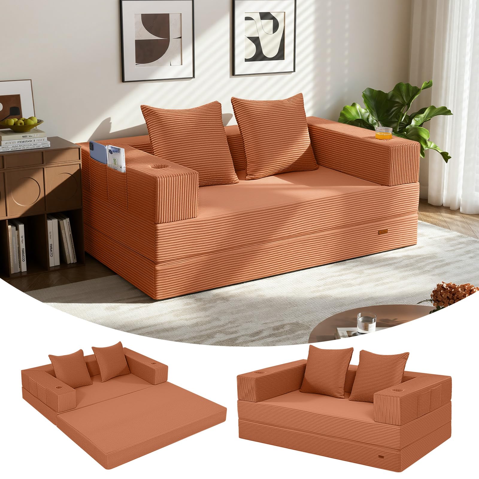 MeMoreCool Convertible Floor Sofa Bed, Corduroy Folding Boneless Couch for Small Spaces, High-Density Foam Fold Out Guest Bed with Removable Washable Cover, No Assembly Futon Sofa for Flats, Orange