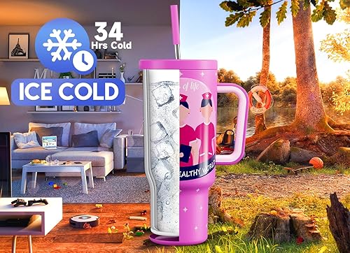 Miniatura 2 de Meoky - Vaso de 40 oz con asa, tapa y pajita, taza de viaje térmica de acero inoxidable 100% a prueba de fugas, mantiene el frío durante 34 horas,