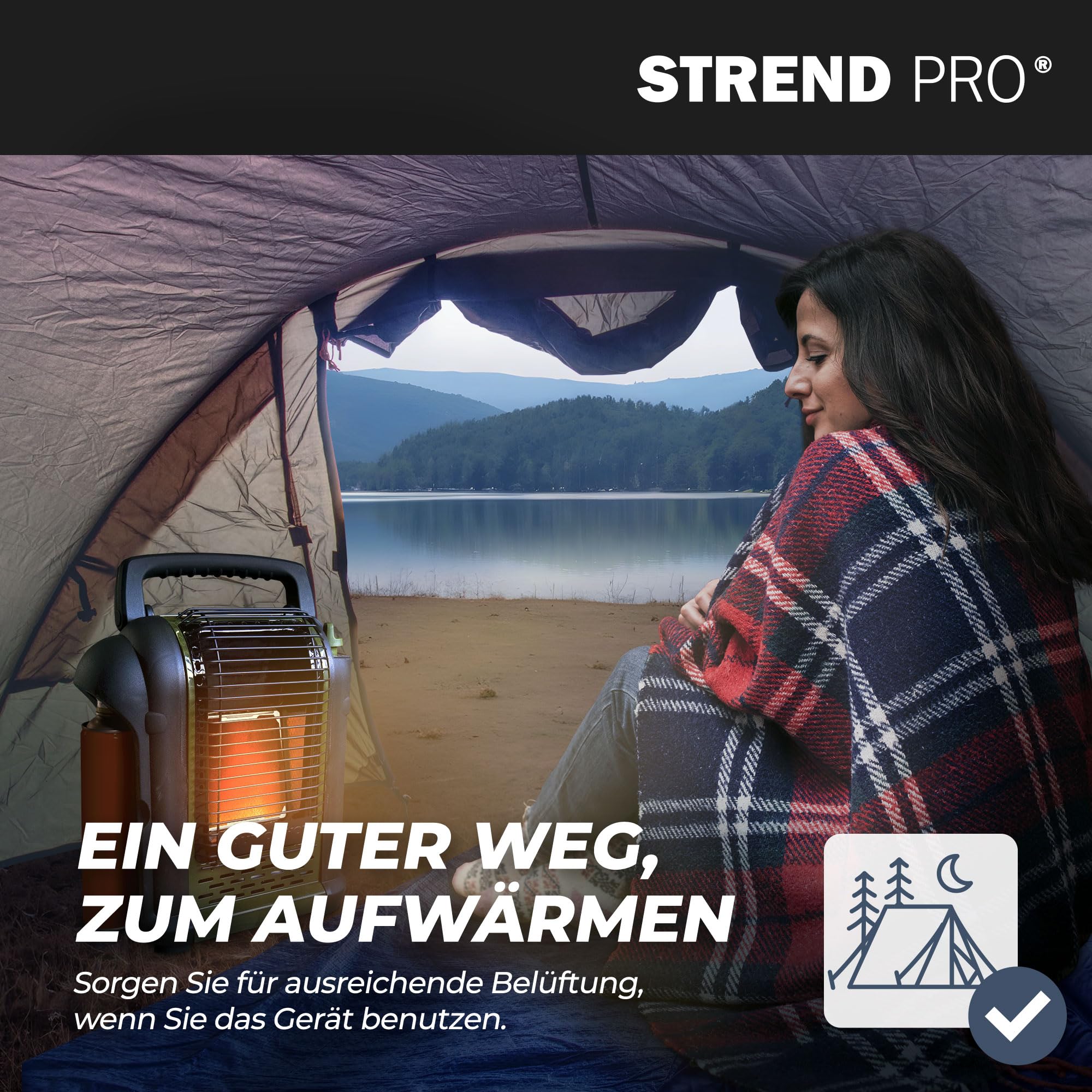 STREND PRO Zeltheizung Gas 2kW | mit 1 Campinggaskartuschen | Tragbare Campinggasheizung für Innenräume, Zelt, Camping, Angeln, Jagen, Mini Gasheizung mit Sauerstoffsensor | Mobiler