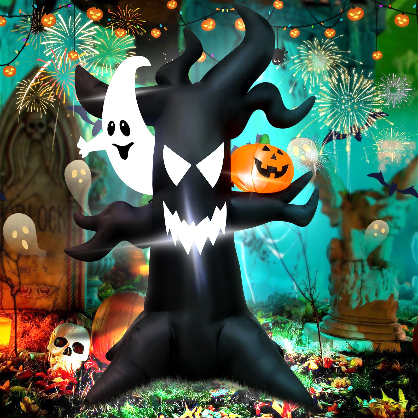 Albero infestato gonfiabile per Halloween, 1,8 m, con fantasma luminoso e zucca a LED, decorazione spettrale per esterni, per cortile, feste, casa infestata, impermeabile, facile da installare