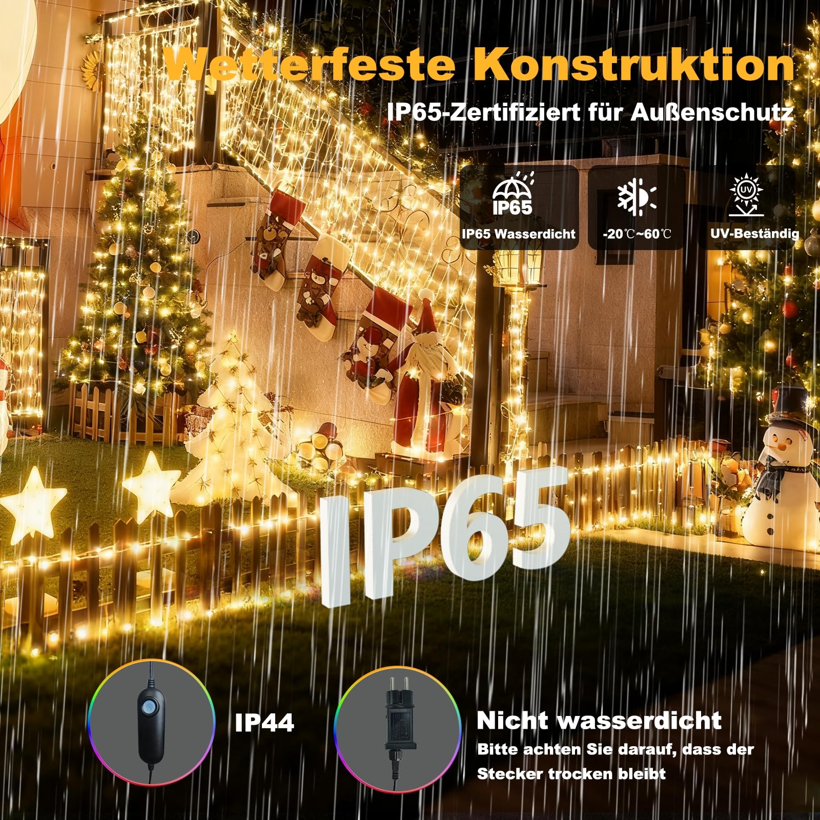 Weihnachtslichter für den Außenbereich, Eisregen Lichterkette Außen in Warmweiß und Kaltem Weiß, LED Lichtervorhang Aussen mit APP und Fernbedienung, 17 Modi+4 Helligkeiten+Timer (30M+5M-1200L,W/K)