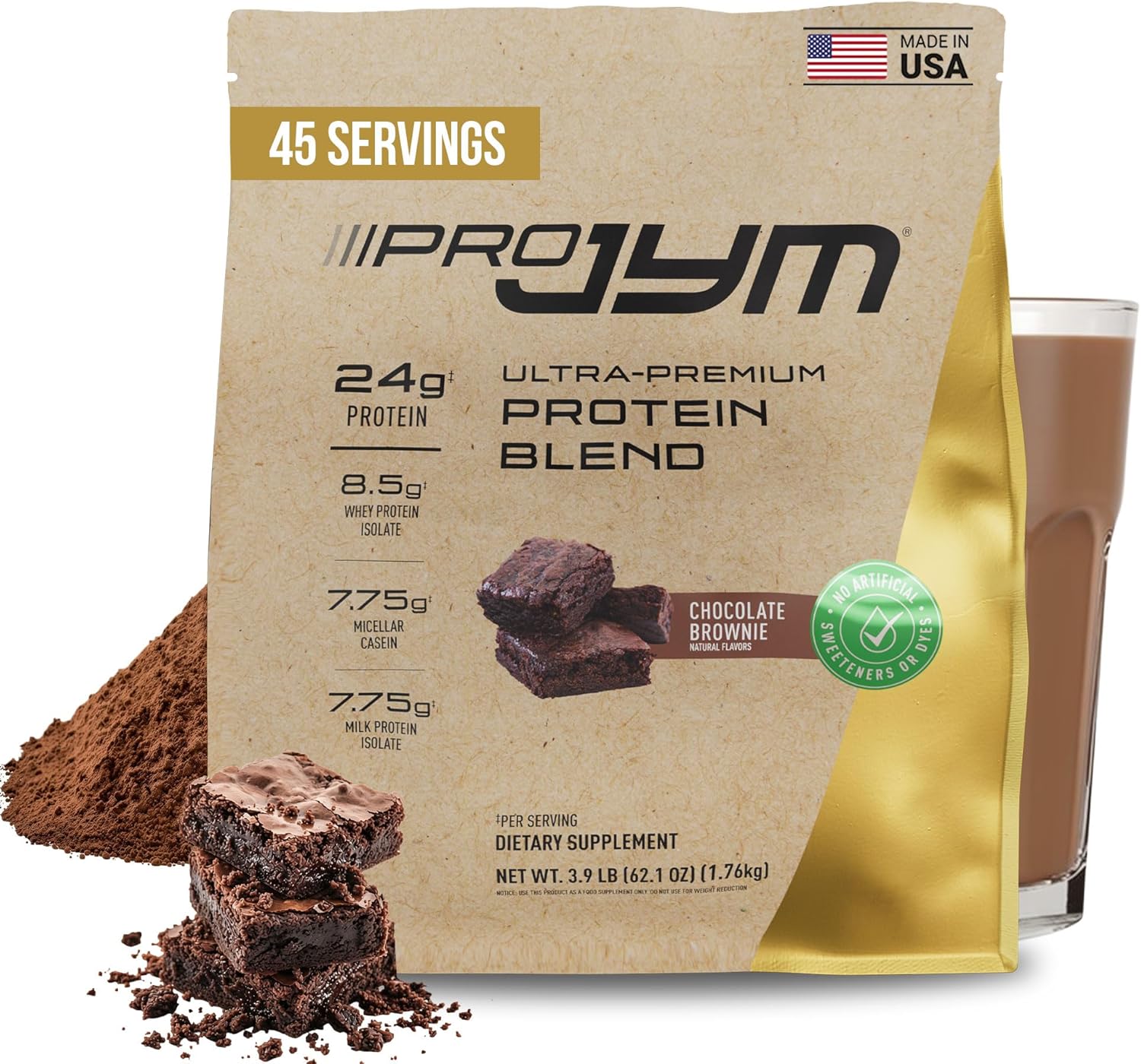 Pro JYM Natural Chocolate Brownie Protein Powder Blend - Whey Protein Isolate, Casein, & Milk Protein Isolate, for Men & Women Recovery Shakes | JYM Supplement Science | 45 Servings