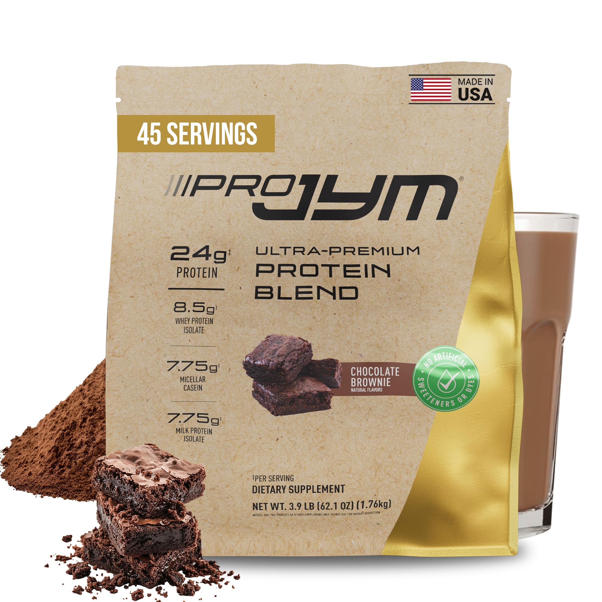 Pro JYM Natural Chocolate Brownie Protein Powder Blend - Whey Protein Isolate, Casein, & Milk Protein Isolate, for Men & Women Recovery Shakes | JYM Supplement Science | 45 Servings