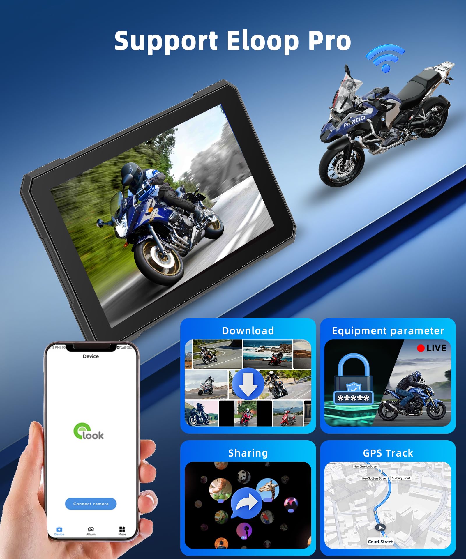 Rimoody Portatile Wireless Carplay Display Motociclo con Dashcam 2 Telecamera Fronte e Retro, 5 Pollici Touchscreen Carplay Android Auto Schermo per Motorbike con App/Bluetooth/IP68 étanche/GPS Navi