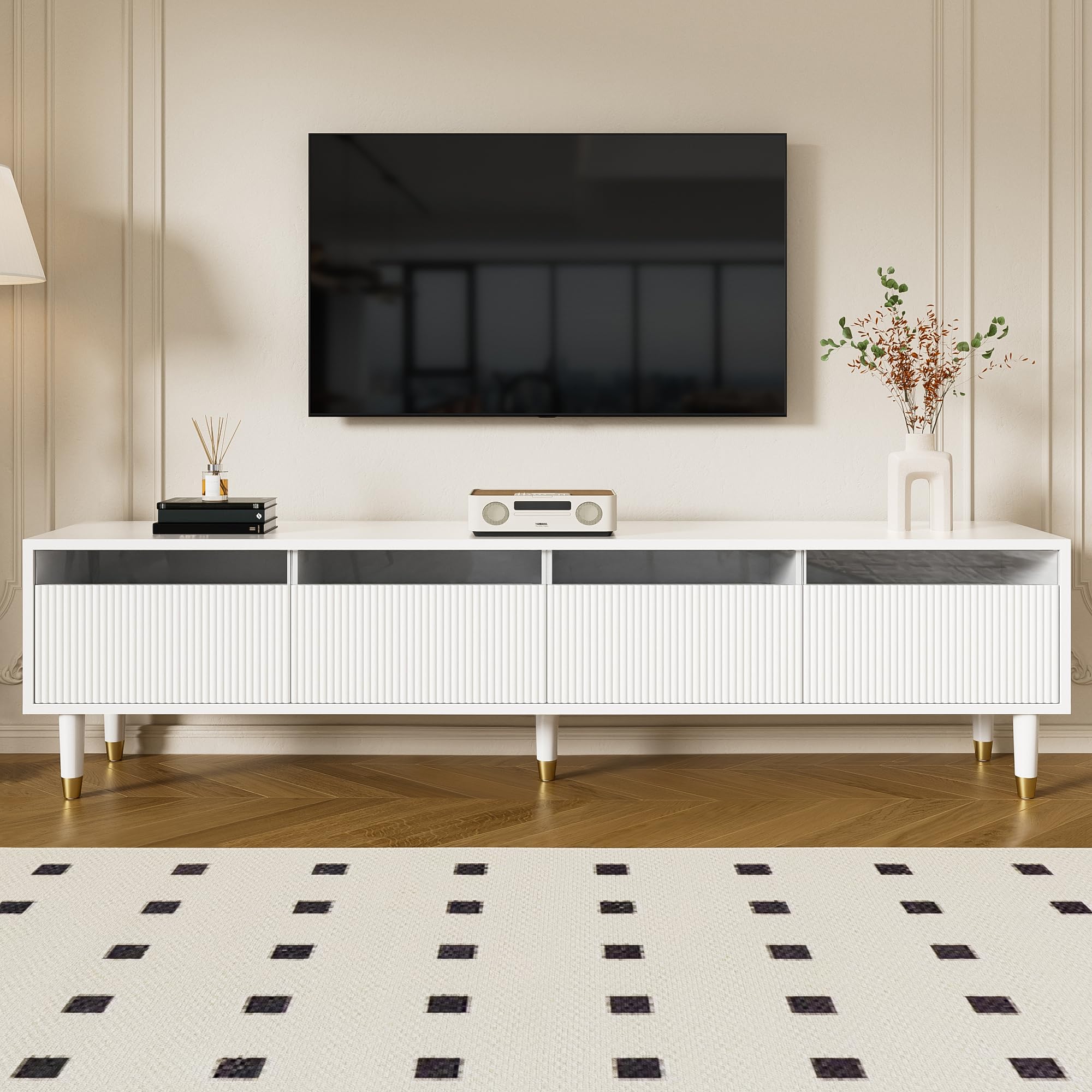 Merax TV-Schrank Lowboard TV-Möbel mit 4 Schubladen,178 x 35 x 45 cm MDF & Acryl, Kabelmanagement, stabil & stilvoll, minimalistisches Wohnzimmermöbel - weiß