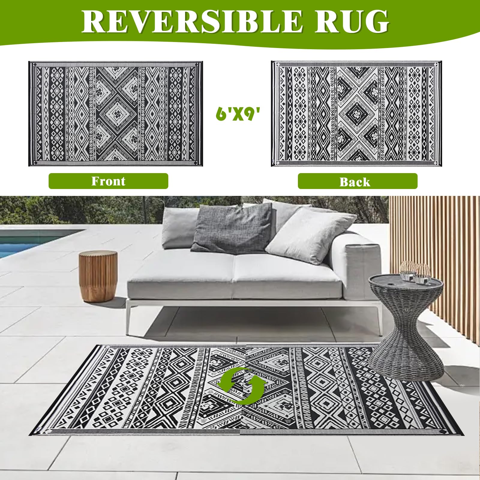 YONILE Outdoor Plastic Rug 180x270cm, Reversible Waterproof Outdoor Plastic Straw Rug for Patios Clearance,Balcony, Camping, Back Garden, Patio