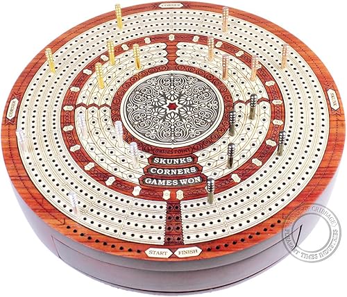 Miniatura 4 de House of Cribbage, Forma Redonda 4 Pistas continuas Cribbage Junta Bloodwoodarce, con cajón y lugar para Skunks Push esquinas y juegos.