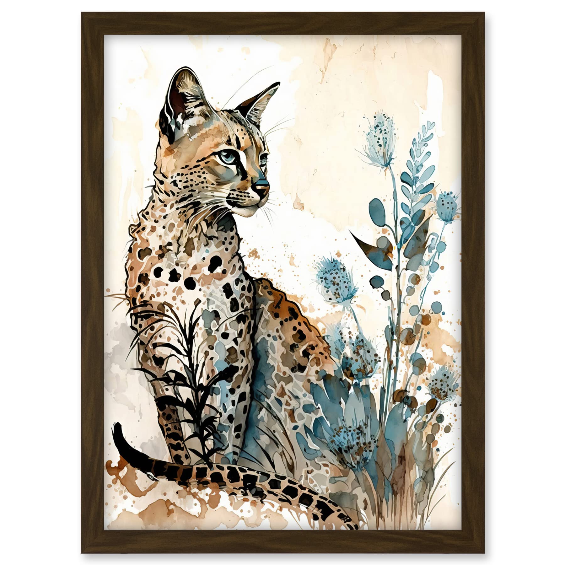Artery8 Savannah Cat and Wildflowers Modern Watercolour and Ink Illustration Artwork Framed A3 Wall Art Print