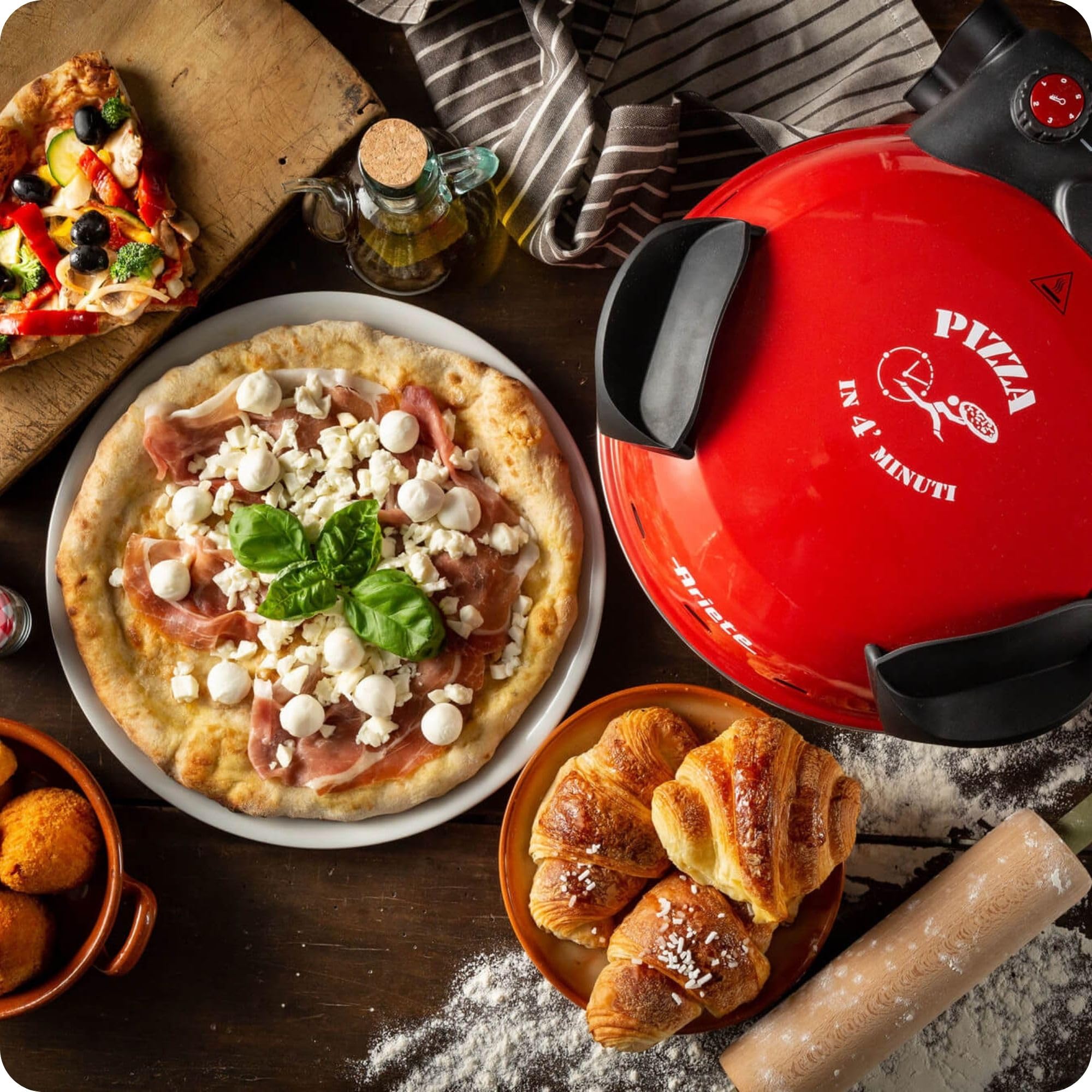Ariete Forno Pizza 909, Pizza 4' Minuti, Forno per Pizza con 5 Livelli di Cottura, Piastra Refrattaria per Riscaldare, Pale in Legno Incluse, Temperatura Max 400°C, 1200W, Rosso