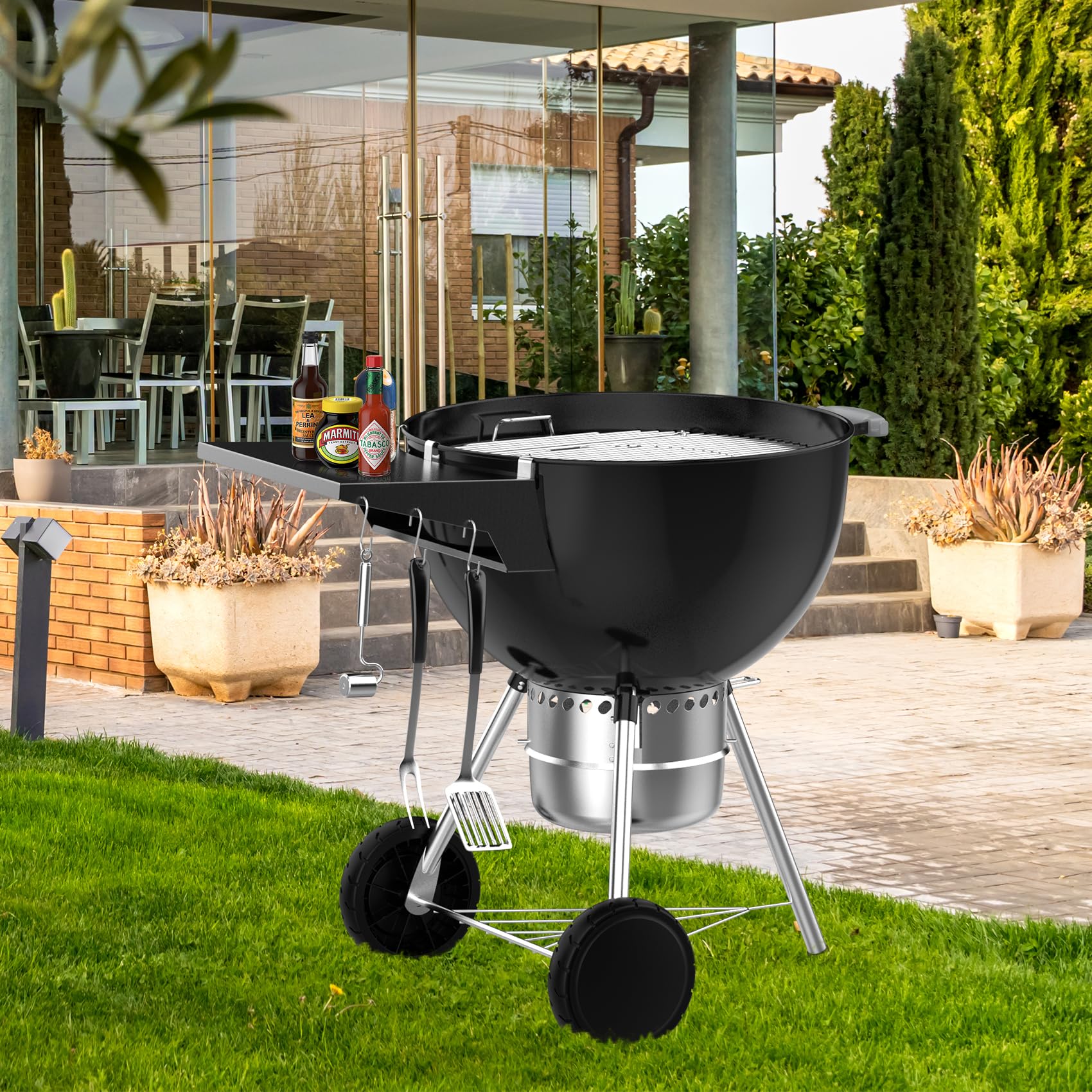Charkettle - Estante de mesa para parrilla compatible con parrillas Weber de 22 pulgadas, parrilla de carbón para exteriores, accesorios de barbacoa con ganchos 6