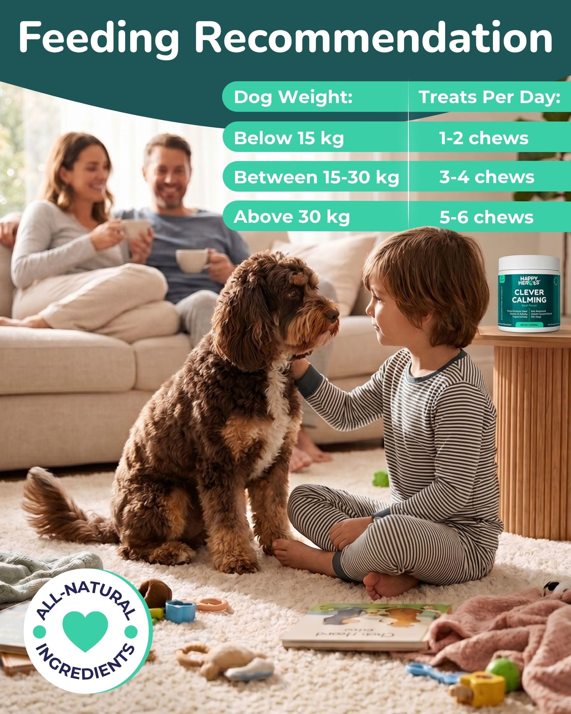Golosinas calmantes para Perros, suplemento 100% Natural, Reduce estrés, Miedo, hiperactividad, ansiedad, agresión, favorece Alivio y relajación, 120 masticables Suaves sin Granos