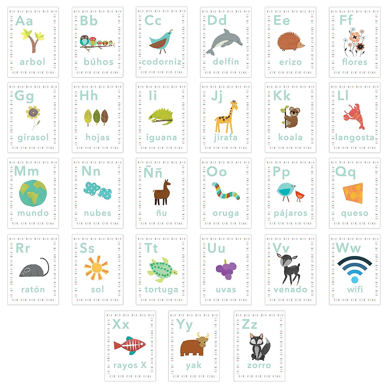 Decorazione da parete per asilo nido, lettere dell'alfabeto spagnolo, 20 x 25 cm, stampa a tema natura, decorazione da parete per bambini, decorazione per la cameretta dei bambini, decorazione per la