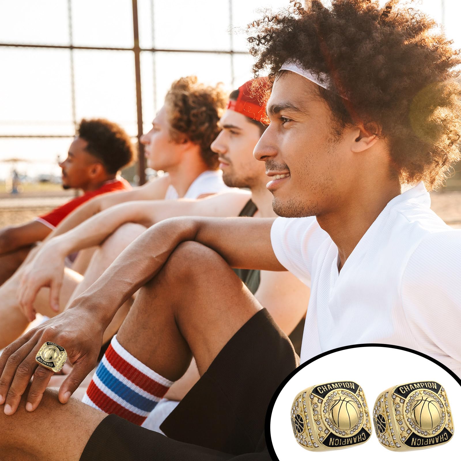 Remuuly 12 anillos de campeón de baloncesto, anillos de trofeo de campeón de baloncesto, premio de regalo con cadena para el cuello y soporte para torneo de baloncesto o ganador de campeones