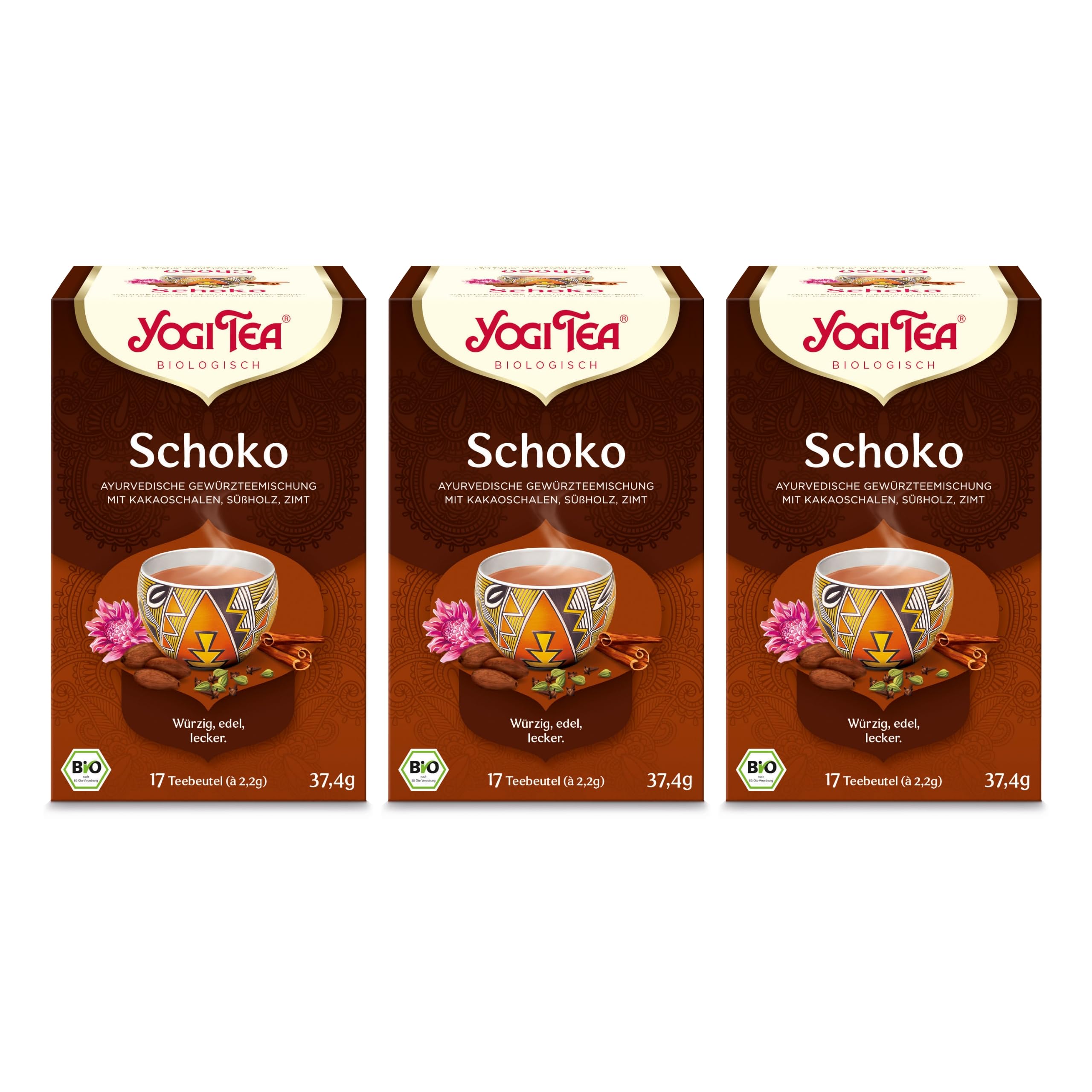 Yogi Tea - Schoko, Ayurvedischer Bio Gewürztee Schokoladengeschmack, Mischung aus Kakao, Lakritz und Zimt, Yogi Tee 3er Pack, 3x17 Beutel (51 Teebeutel insgesamt), Ideal als Geschenk
