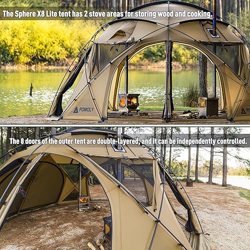 Miniatura 7 de POMOLY Tienda de campaña con cúpula para campamento, tienda de campaña caliente, Sphere X8 Lite, independiente, grande, familiar, para estufa de
