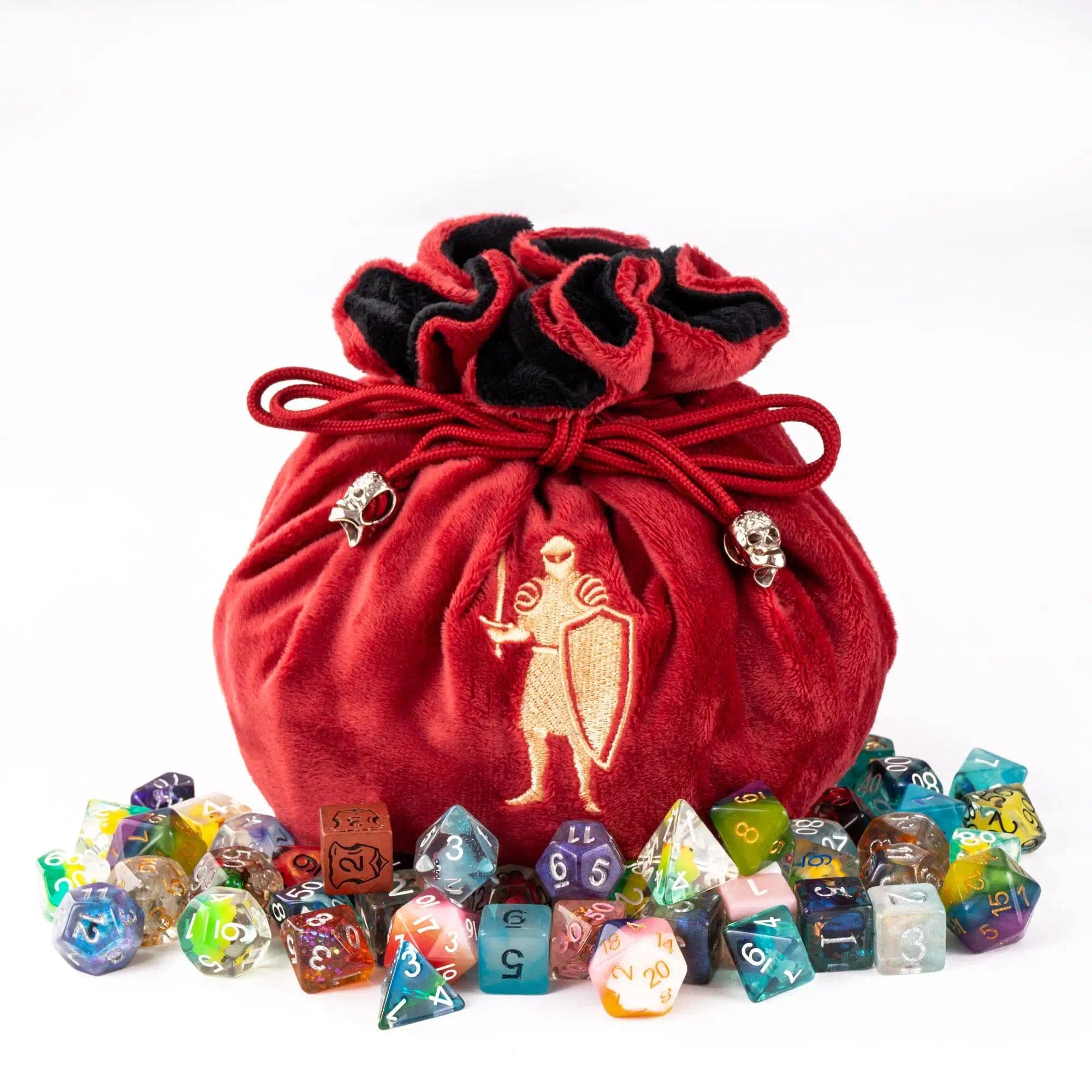 KSNDie KSNDie Large DND Dice Bag with Pockets Red Storage Bag with Drawstrings Fighter Pattern for D&D RPG Games (with 1lb Random Polyhedral Dice) — image 1