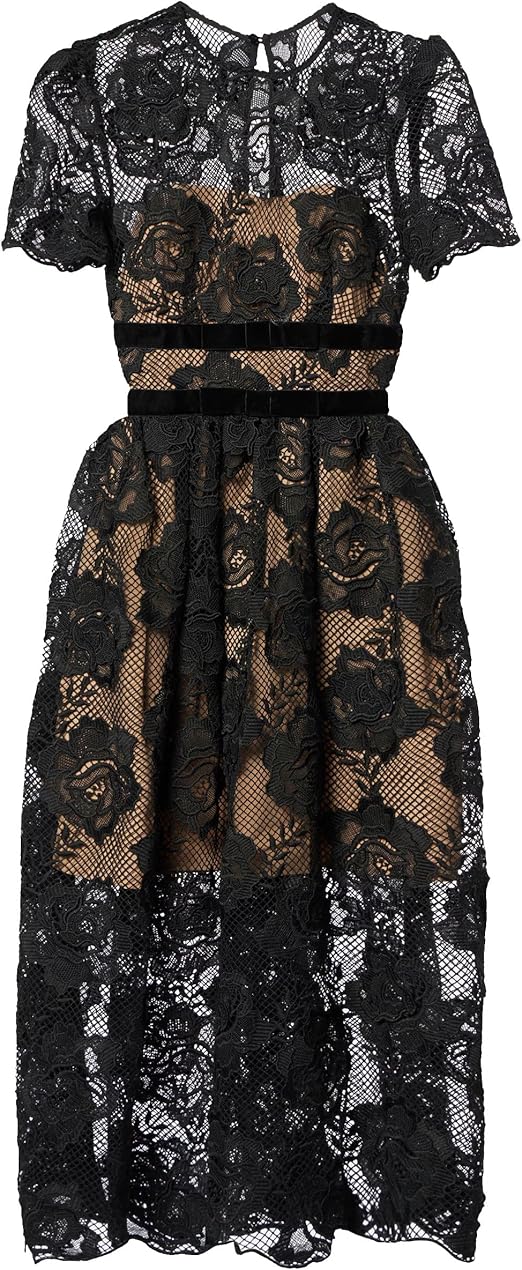 Self Portrait Black Lace Velvet Bow Midi Dress at Amazon Women’s