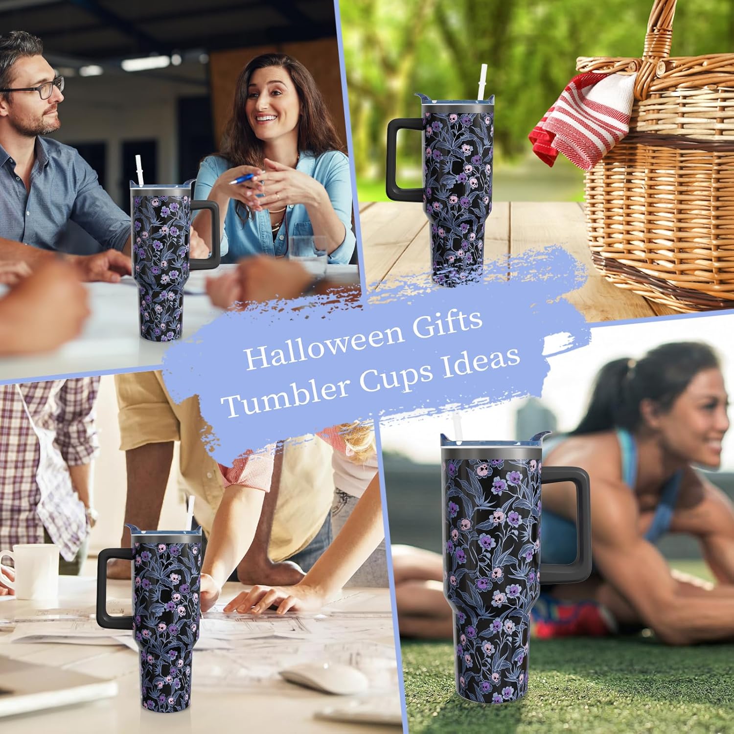 40oz Halloween Gothic Tumbler with Handle and Straw, Goth Skull Stainless Steel Insulated Cup Water Bottle, Halloween Holiday Gifts for Women Men (1PC) - Image 7