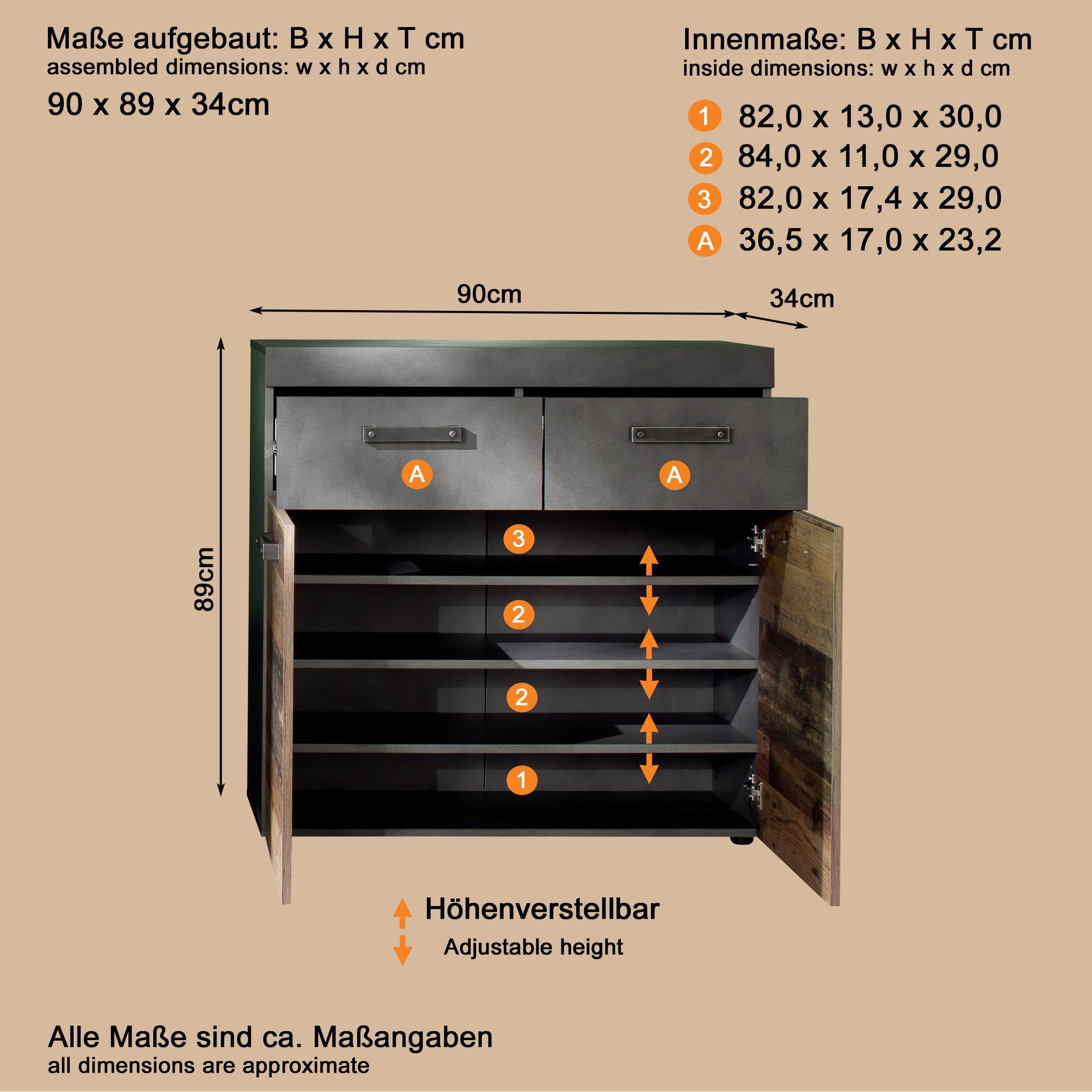 Trendteam Smart Living Indy Garderobenkombination Eiche/Grau 265 x 192 x 37 cm