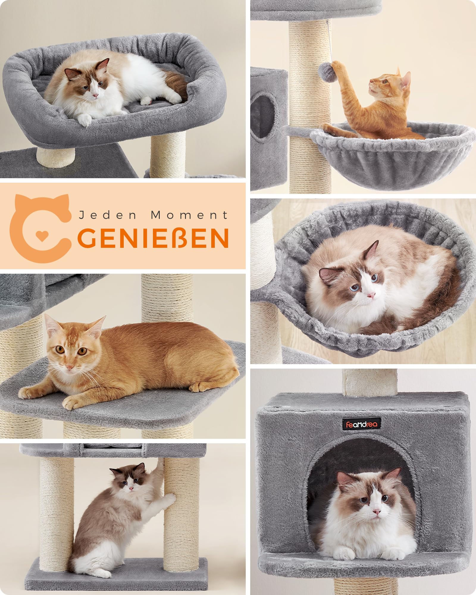 Feandrea Kratzbaum für große Katzen, XXL, hochbelastbar, Katzenturm mit 6 extra dicken Kratzsäulen, große Plattform, Höhle, Korb, flexibel aufbauen, abnehmbare, waschbare Kissen, hellgrau PCT01W