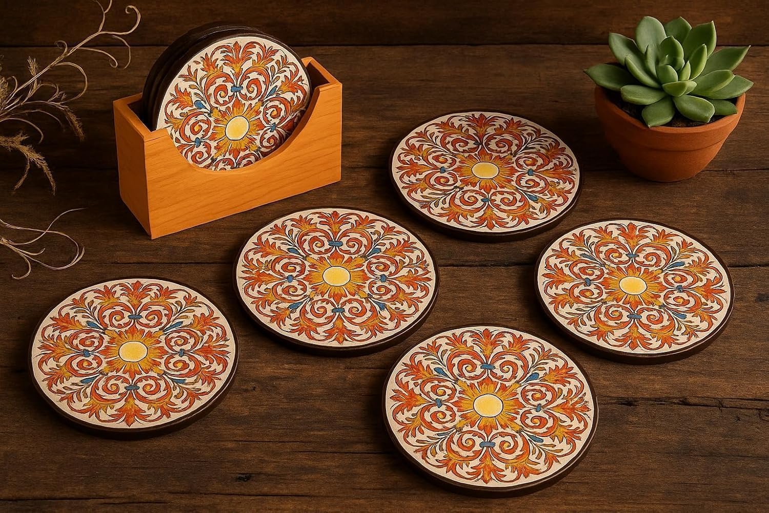 Coaster Set, Tea Coasters Set of 6 for Coffee Mugs & Glasses, Coasters for Dining Table for Hot Pots, Indian Gifts for Foreigners, Wooden Coasters with Stand Bamboo Heat Resistant Pads 3