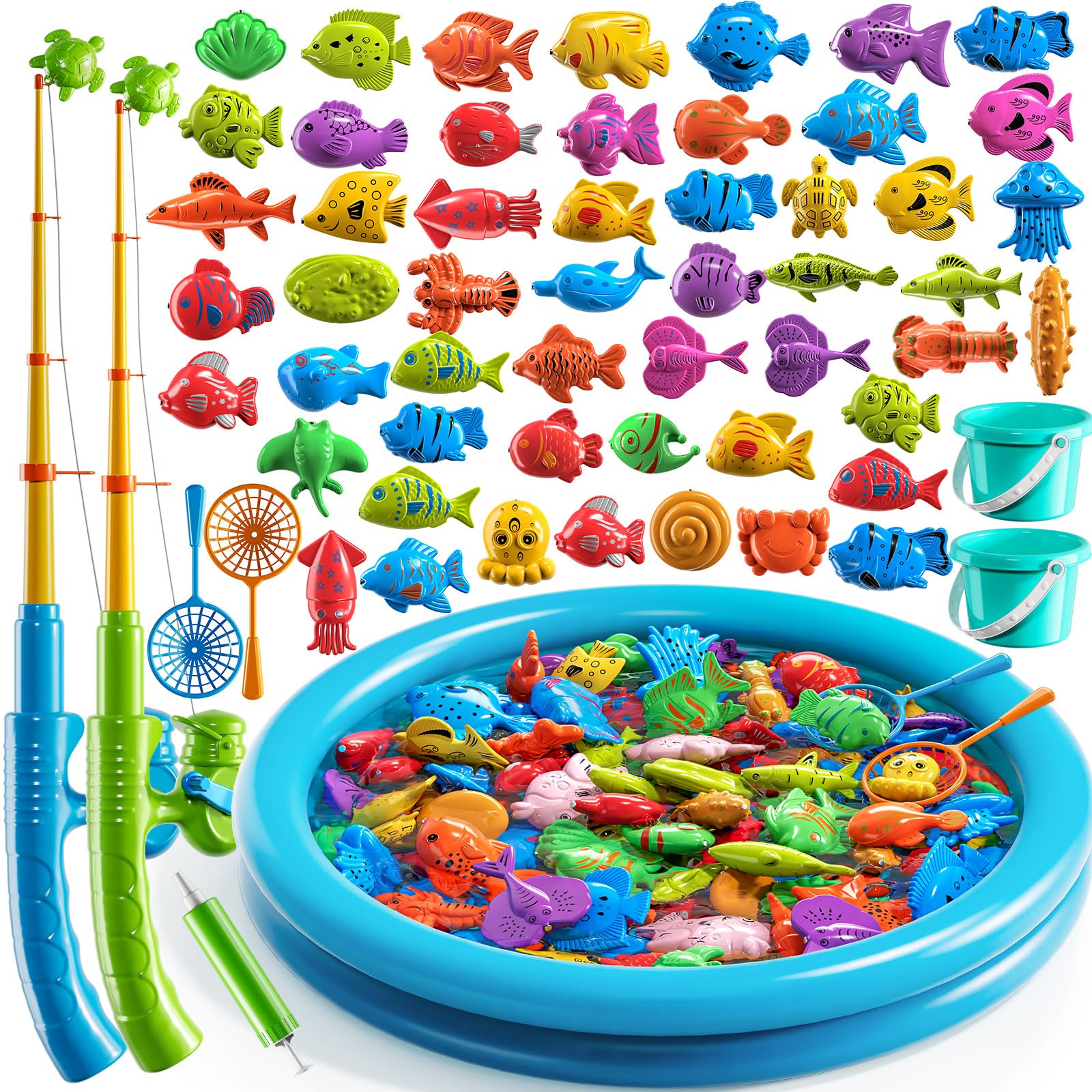JUKUDAHU Magnetic Fishing Game for Kids 3-5 - Fish Toys for boys girls, Bathtub Floating Toy Fishing Pole, Water Table Pool with Rod Net, Bath Outdoor Gifts for Toddlers Baby Age 3 4 5 6 7 8 Year Old