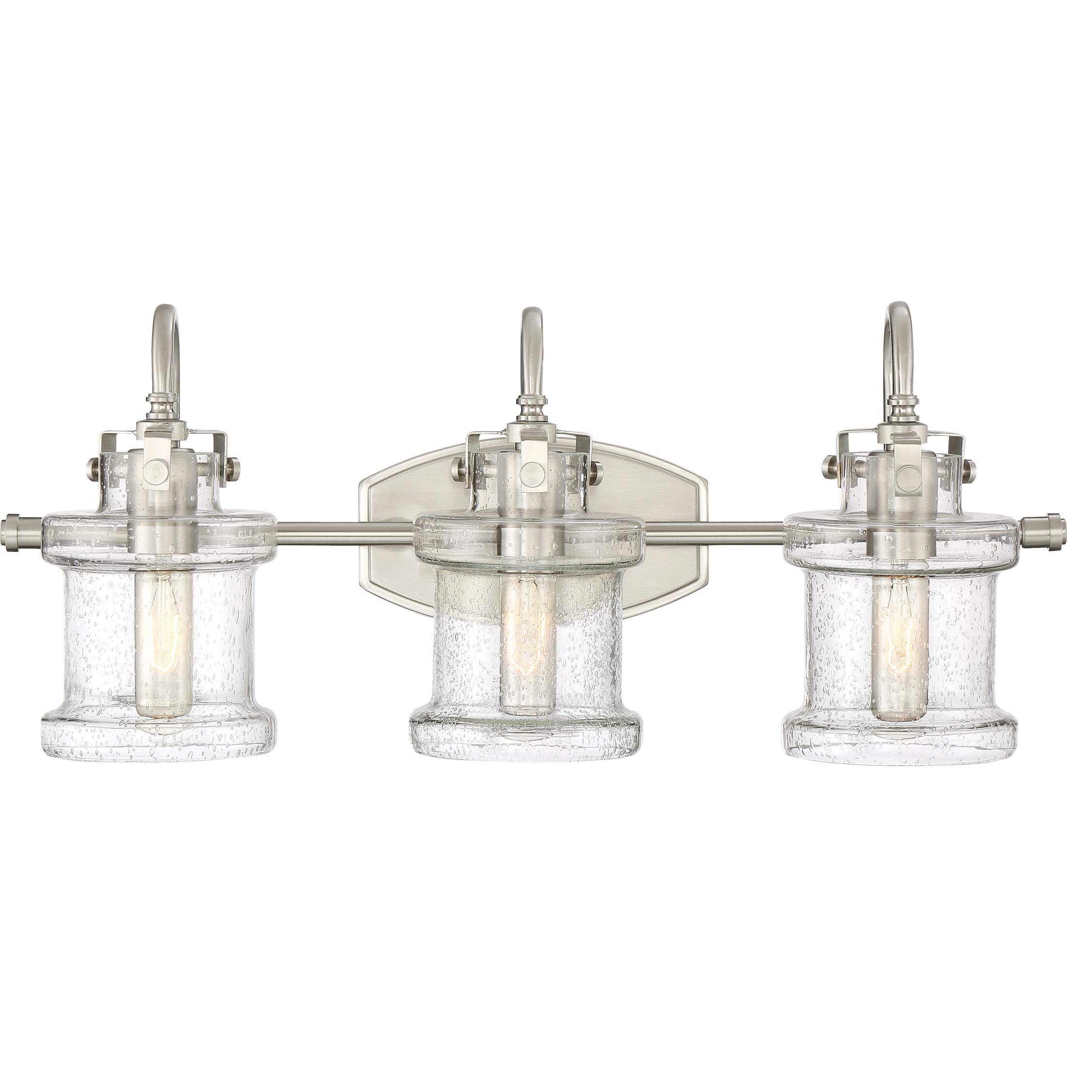 Quoizel Danbury Bath Vanity Lights, 24 Inch 3-Light Brushed Nickel Vintage-Inspired Bathroom Lighting Fixtures Over Mirror, 100W, Clear Seedy Glass, Wall Mount Light for Bathrooms, Kitchen or Hallway