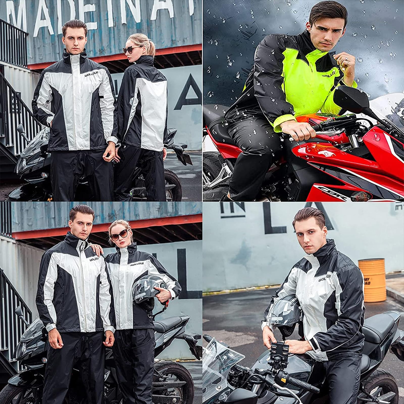 Tuta Antipioggia da Moto Impermeabile Uomo Donna, Abbigliamento da Pioggia, Giacca da Pioggia E Pantaloni da Ciclismo Antipioggia Antivento Traspirante, Moto(White,S)