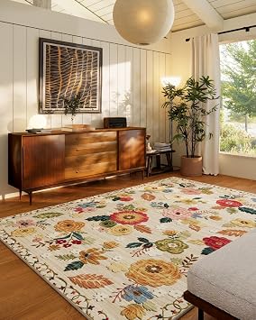 8x10 Area Rugs Washable Rug Large Living Room Rug Stain Resistant Distressed Vintage Floral Rug Non Slip Low Pile Faux Wool Soft Rug for Bedroom Bedside Farmhouse Dining Room Kids Playroom Nursery