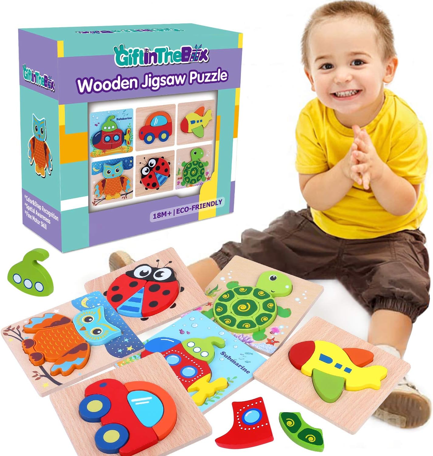 6 Pack Wooden Jigsaw Puzzles, Wooden Color Shapes Puzzles for Toddlers Ages 18 Months and up, Boys & Girls Educational Toys Gift with 3 Animals and 3 Vehicle Puzzles …