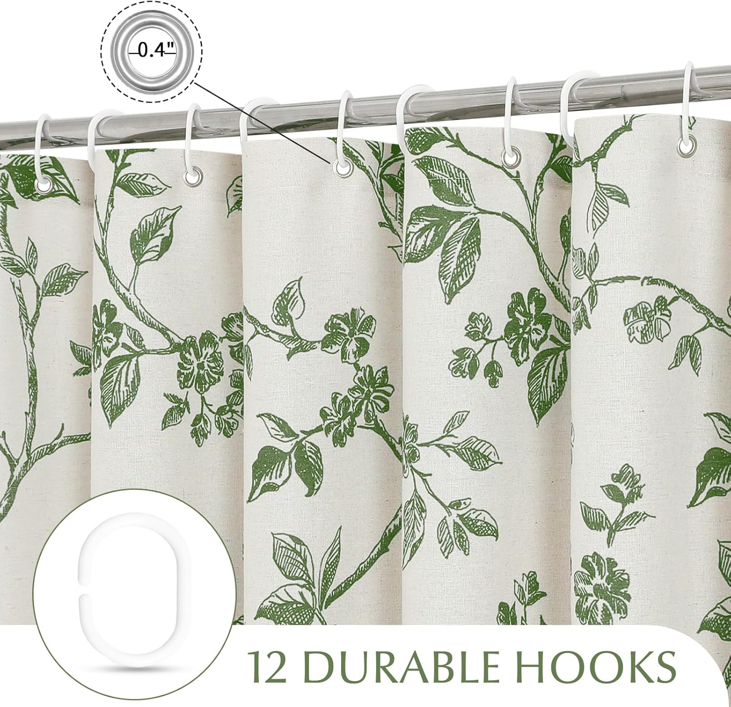 MitoVilla Sage Green Boho Shower Curtain Set, Cotton Floral Cottagecore Spring Shower Curtains for Bathroom, Modern Farmhouse Country Plant Leaves Bathroom Décor, 72" W x 72" L