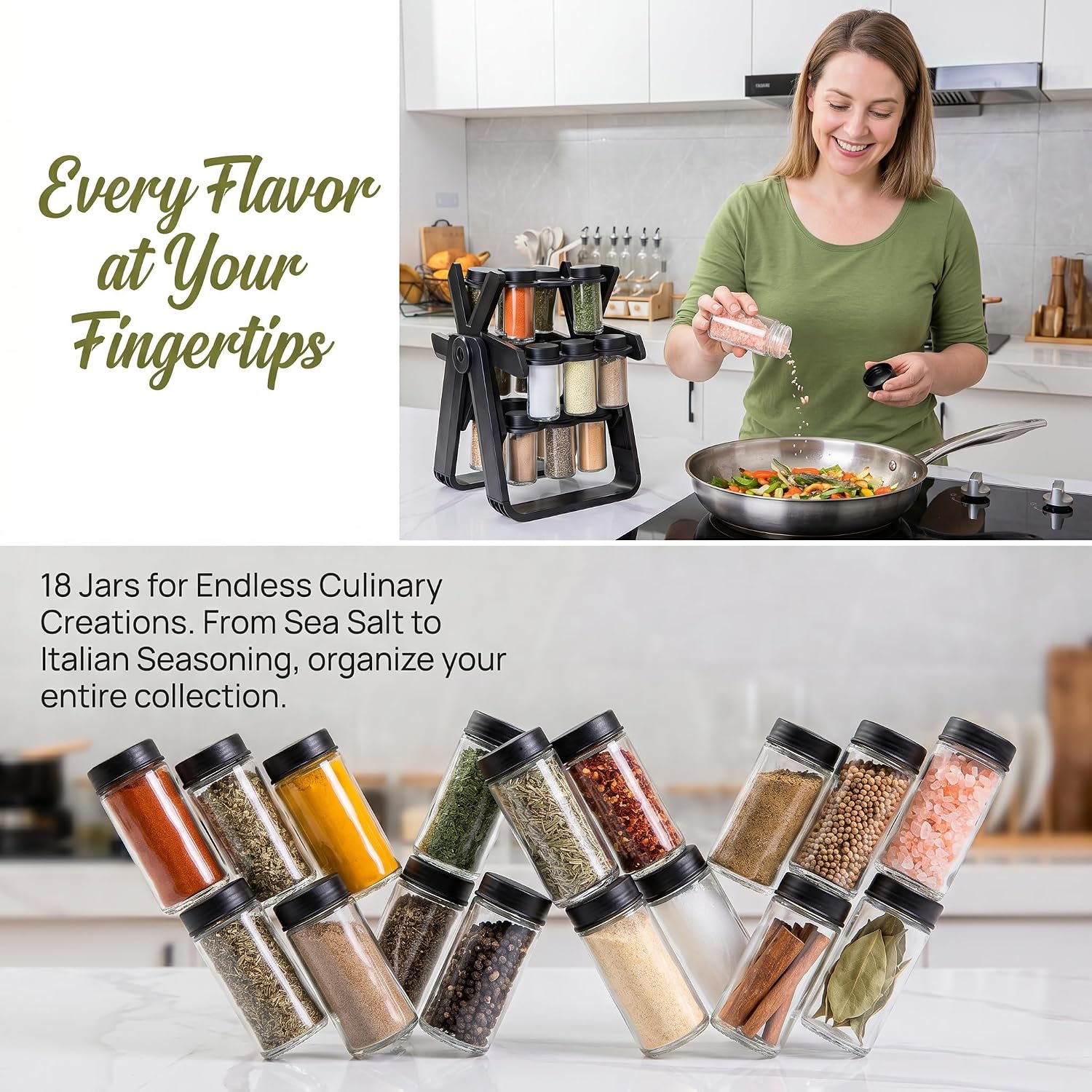 360° Rotating Spice Rack Carousel with 18 Airtight Plastic Spice Jars, Thread Lid Shaker Seasoning Organizer for Kitchen BBQ Camping RV