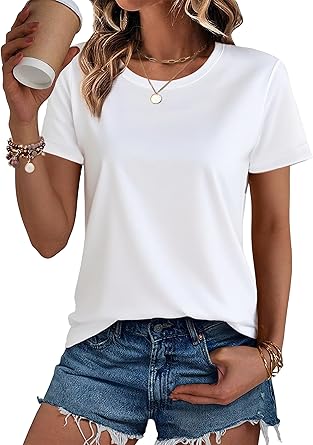 SMENG Women's Cotton Crewneck T-Shirts Short Sleeve Basic Solid Color Tee Classic-Fit Shirt Breathable Comfy Summer Top