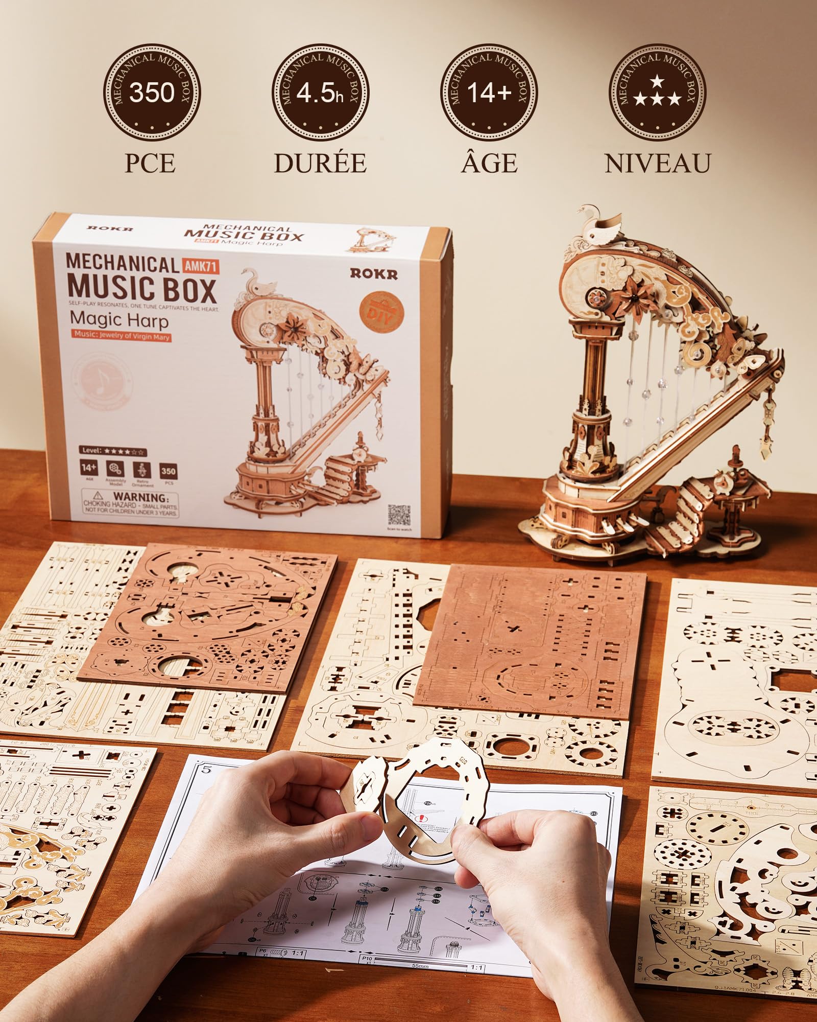 ROKR Puzzle 3D en Bois Modèle Dynamique de Harpe,AMK71 | Maquette à Construire,décoration de Bureau,Cadeau Anniversaire