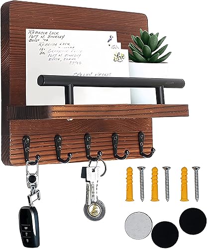 Jwinkumy Soporte para llaves montado en la pared, organizador de correo rústico de madera natural con 5 ganchos, estante decorativo para casa de