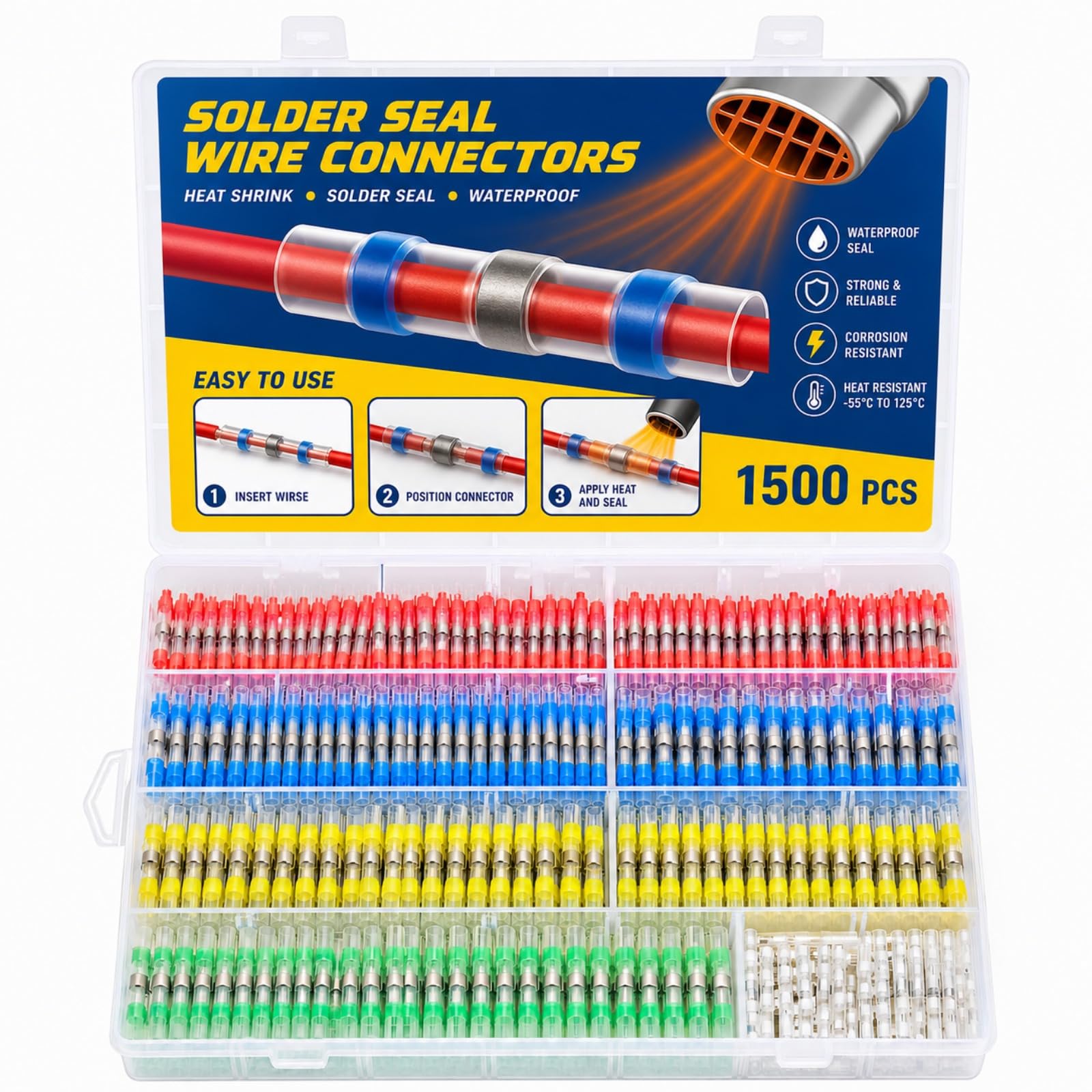 Tellegloww Juego de 1500 conectores de alambre de sellado de soldadura impermeables, 5 tamaños, terminales de empalme termorretráctiles 12-10/16-14/18-16/22-18/26-24 AWG para automoción marina