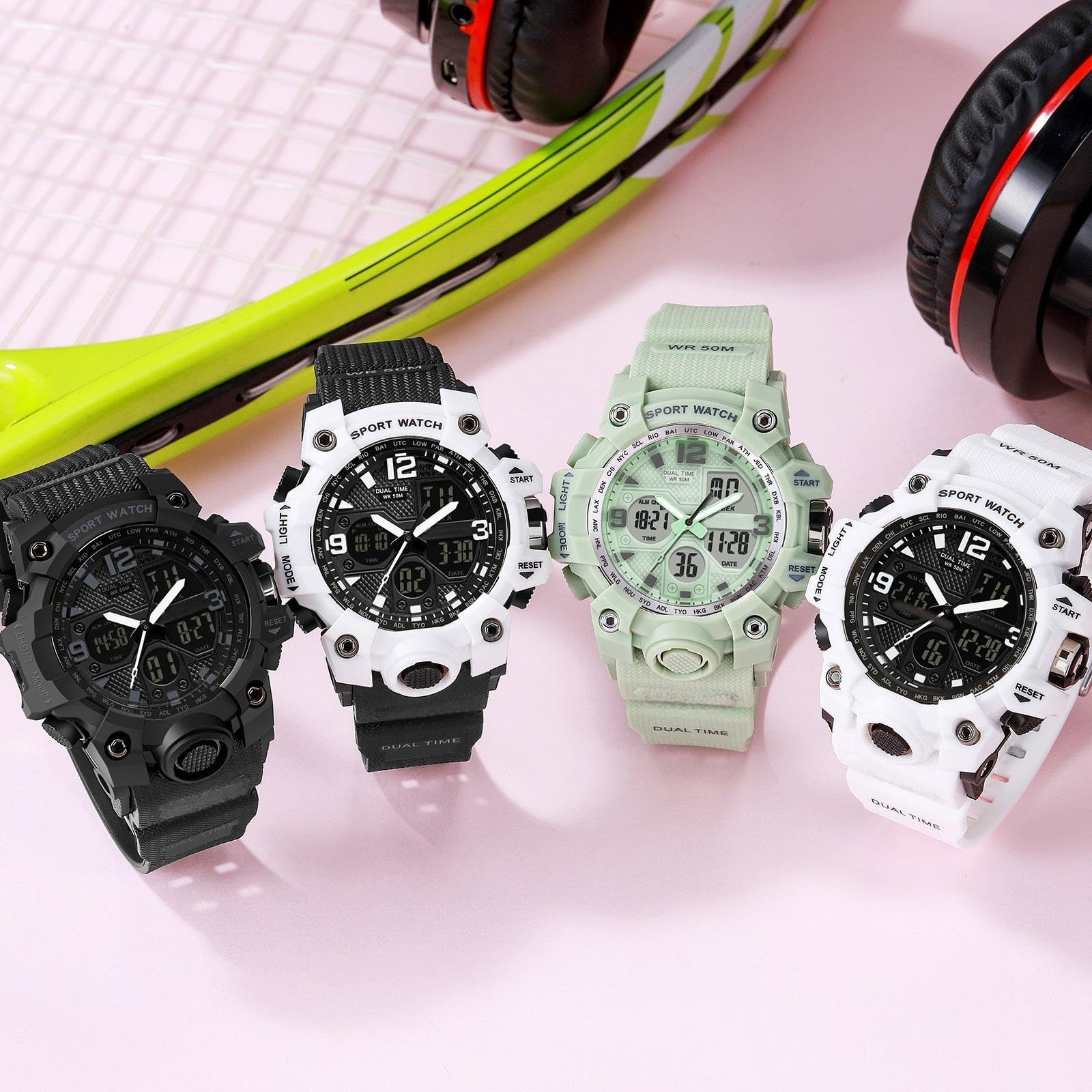 findtime Orologio sportivo da donna, per studenti, adolescenti, con sveglia, doppio orario, cronometro, impermeabile, sportivo, analogico, digitale, bianco, viola, rosa, nero, blu