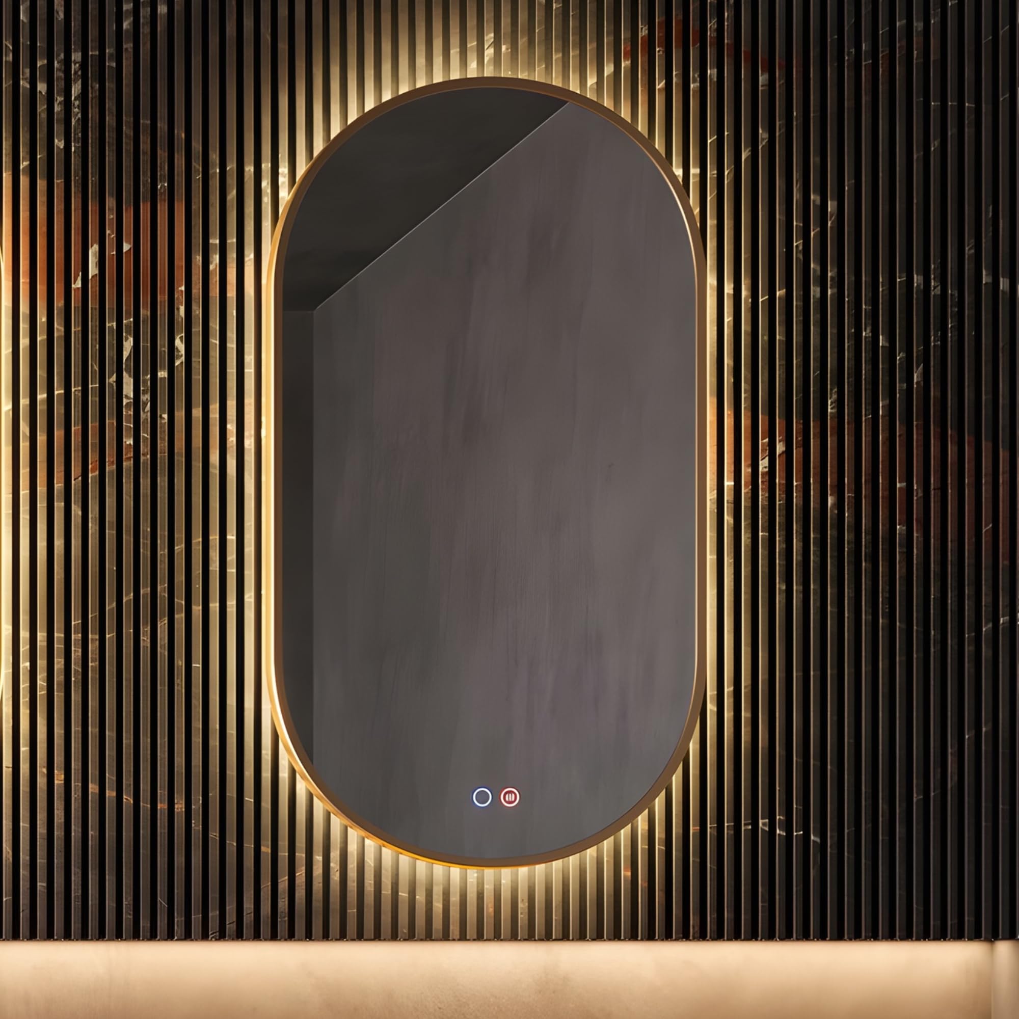 NOLUXA LEDIMEX - Espejo 50x90cm Retroiluminado Baño Dorado con Luz LED y Antivaho | Espejo Inteligente Ovalado Triled (Cálida, Neutra y Fría) y Sensor ON/Off | Serie Tokyo | Color Oro Cepillado