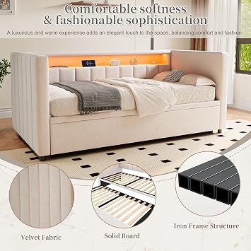 Pull-Out Bed with Storage, Multifunctional Sleeper Sofa with LED & USB-C Port, Convertible Sofa Bed Frame for Bedroom and Living Room, 90x190 cm, Velvet, Beige (No Mattress)